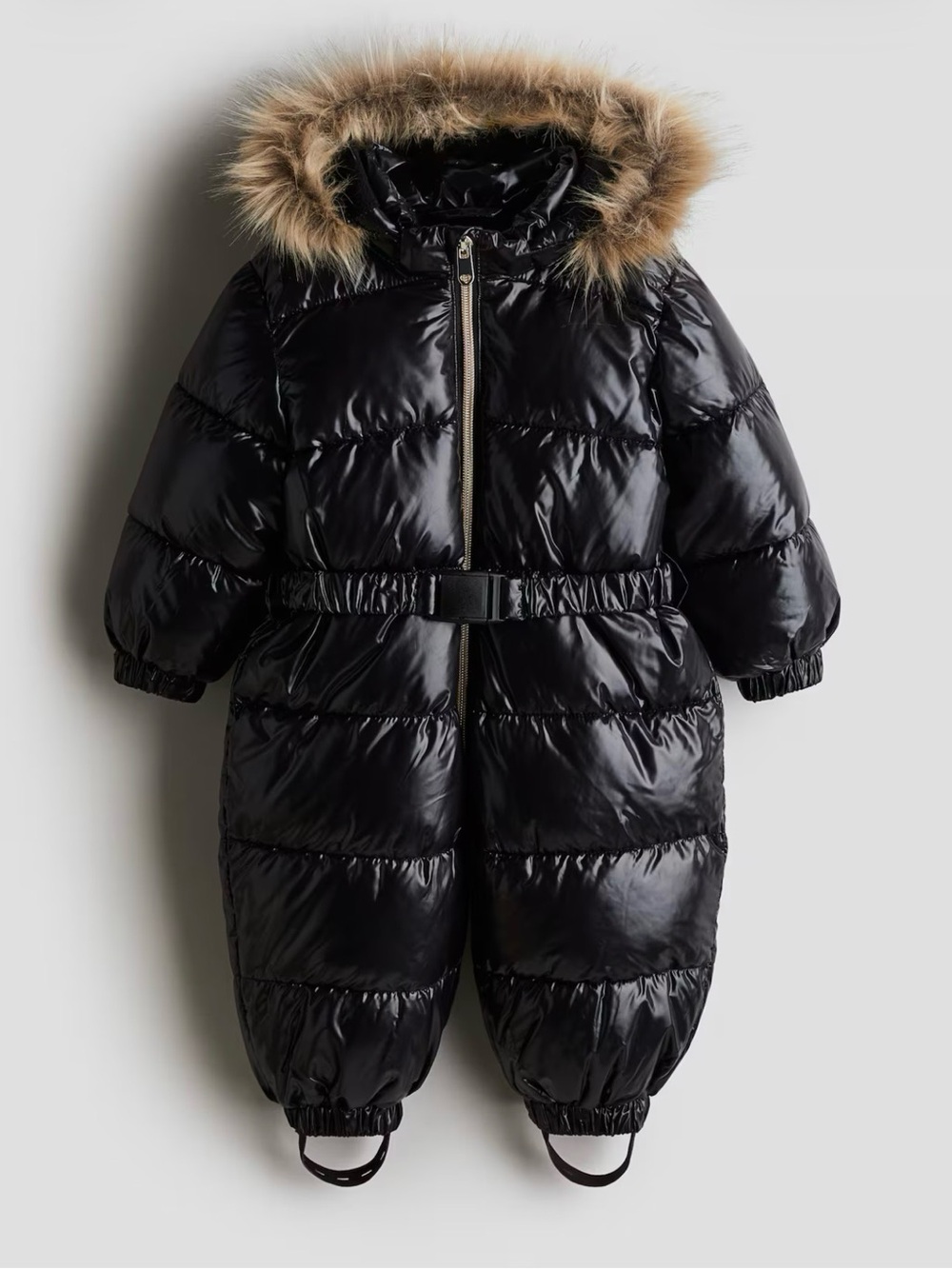 H&M Toddler Glossy Black Puffer Snowsuit with Faux Fur Hood